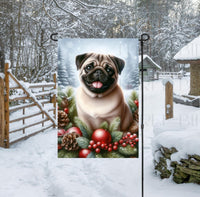 
              An adorable Pug dog in a snowy Winter setting wearing a red bow.
            