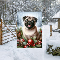 An adorable Pug dog in a snowy Winter setting wearing a red bow.