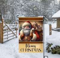 
              A beautiful Christmas Garden Flag featuring Santa Claus with his toy bag and a Teddy Bear.
            