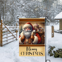 A beautiful Christmas Garden Flag featuring Santa Claus with his toy bag and a Teddy Bear.