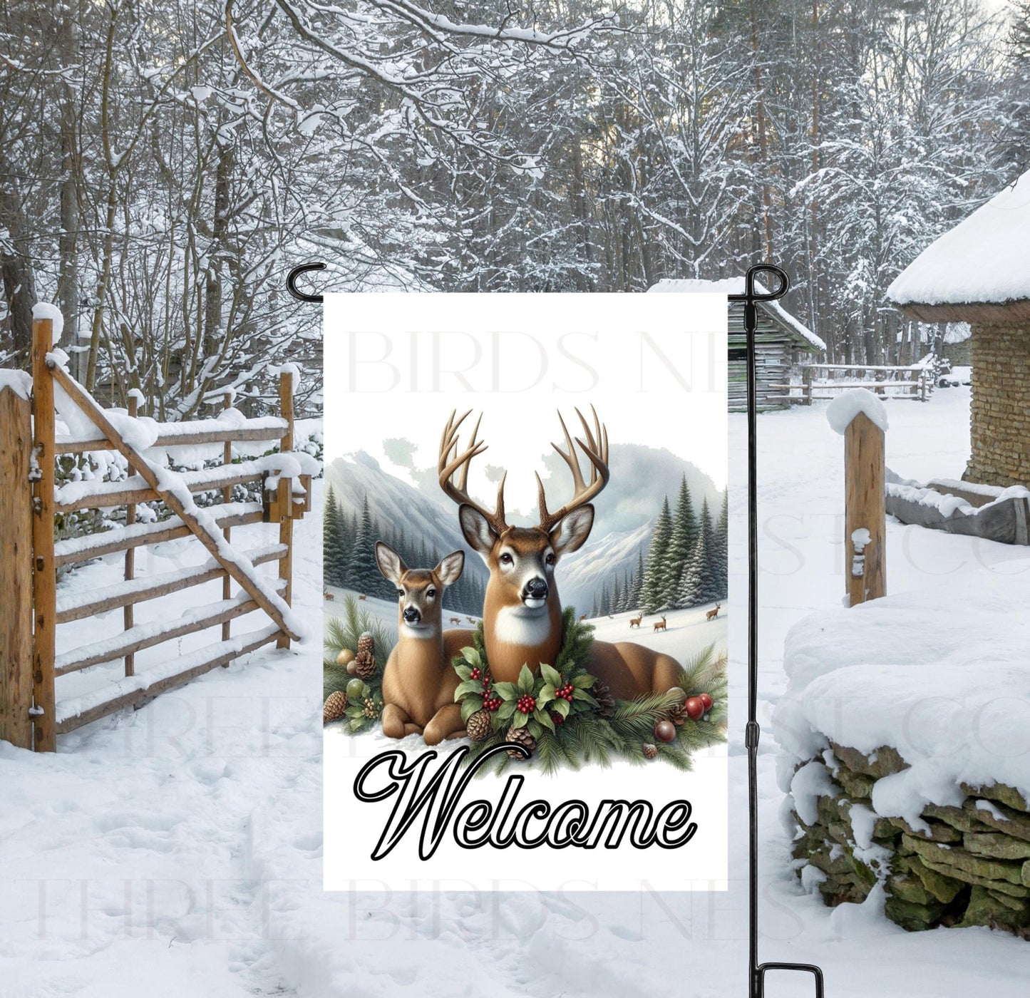 A beautiful Welcome Garden Flag with a Whitetail Buck and Doe Deer in a Winter woodland setting.