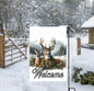 A beautiful Welcome Garden Flag with a Whitetail Buck and Doe Deer in a Winter woodland setting.