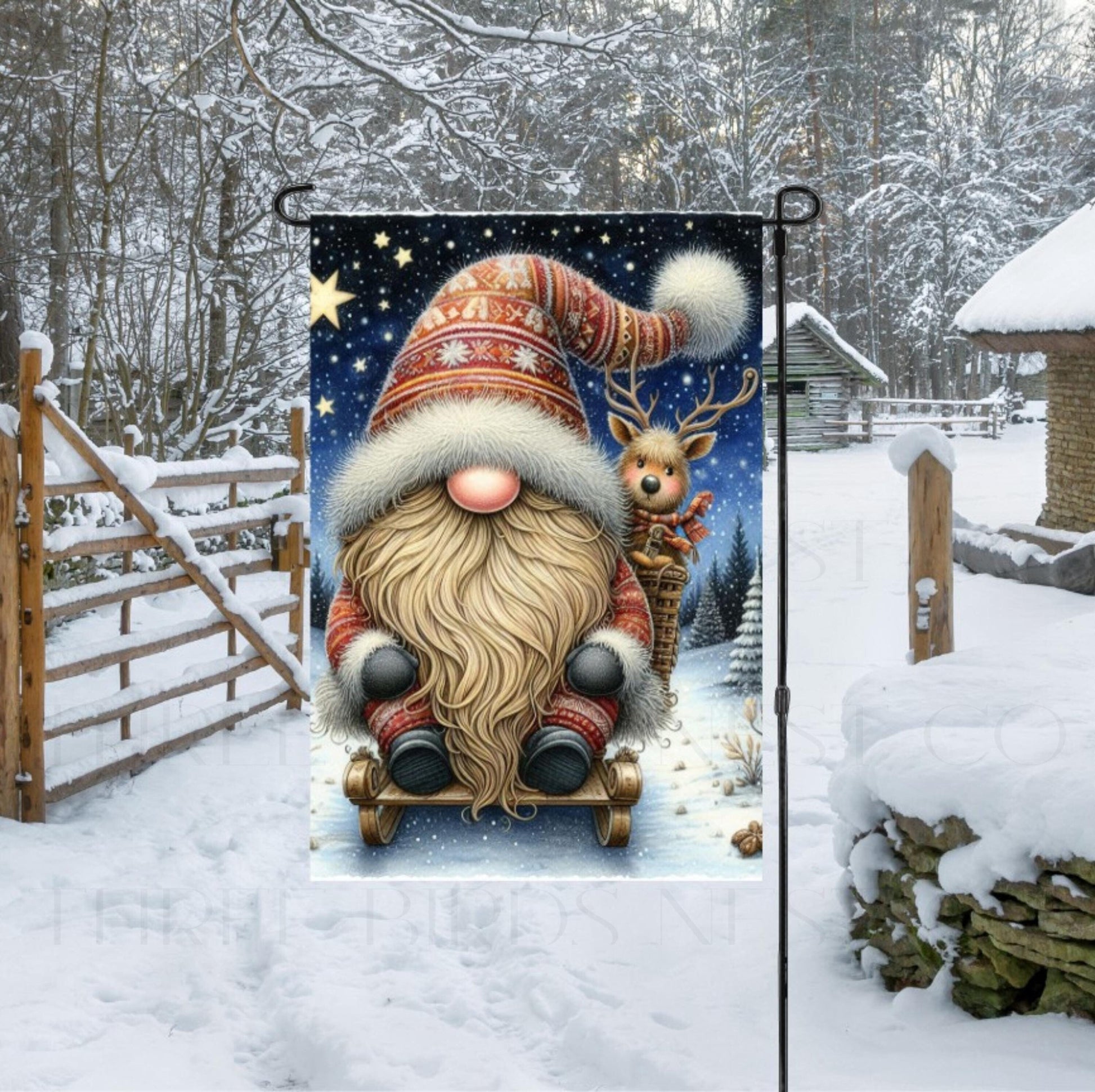 An adorable Gnome and his Reindeer friend on a wooden sled makes this Garden Flag perfect for you!