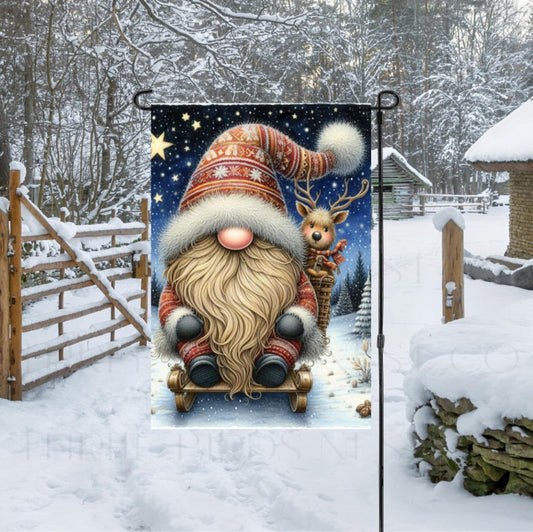 An adorable Gnome and his Reindeer friend on a wooden sled makes this Garden Flag perfect for you!