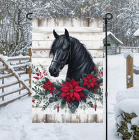 
              A beautiful Black Horse with Poinsettias on a rustic wood background.
            