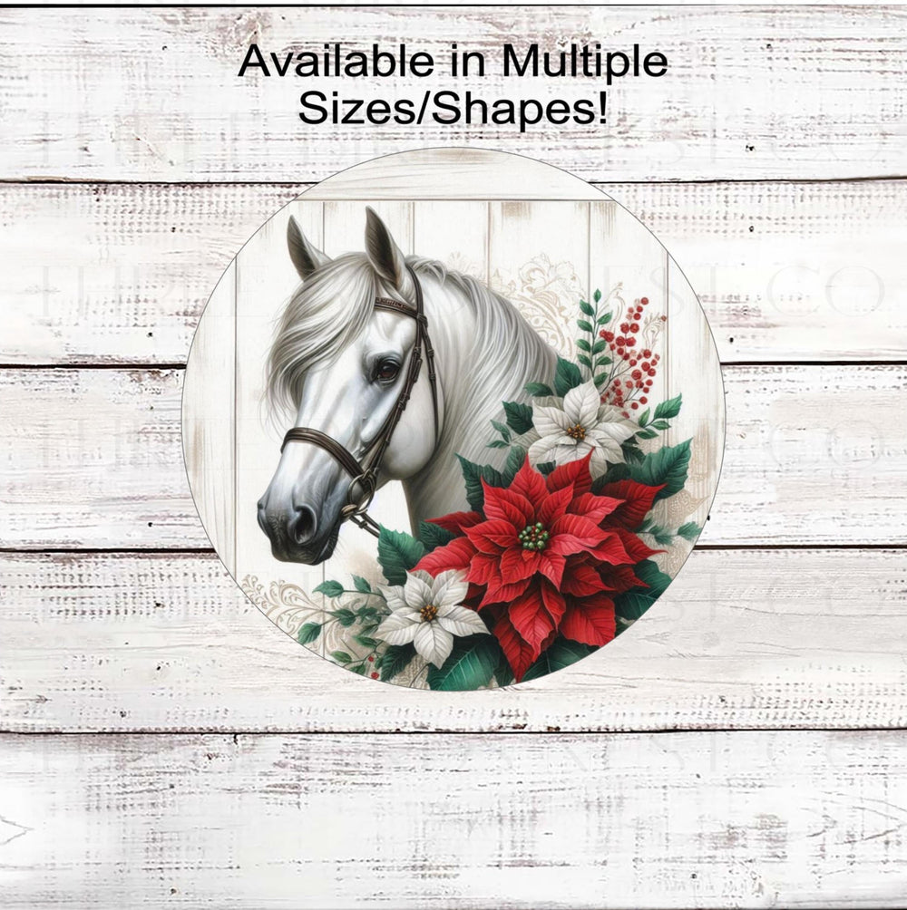 A beautiful horse surrounded by white and red poinsettias on a rustic wood background.