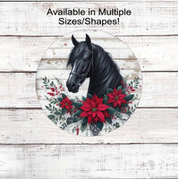 
              A beautiful horse surrounded by red poinsettias on a rustic wood background.
            