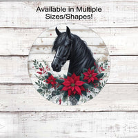 A beautiful horse surrounded by red poinsettias on a rustic wood background.