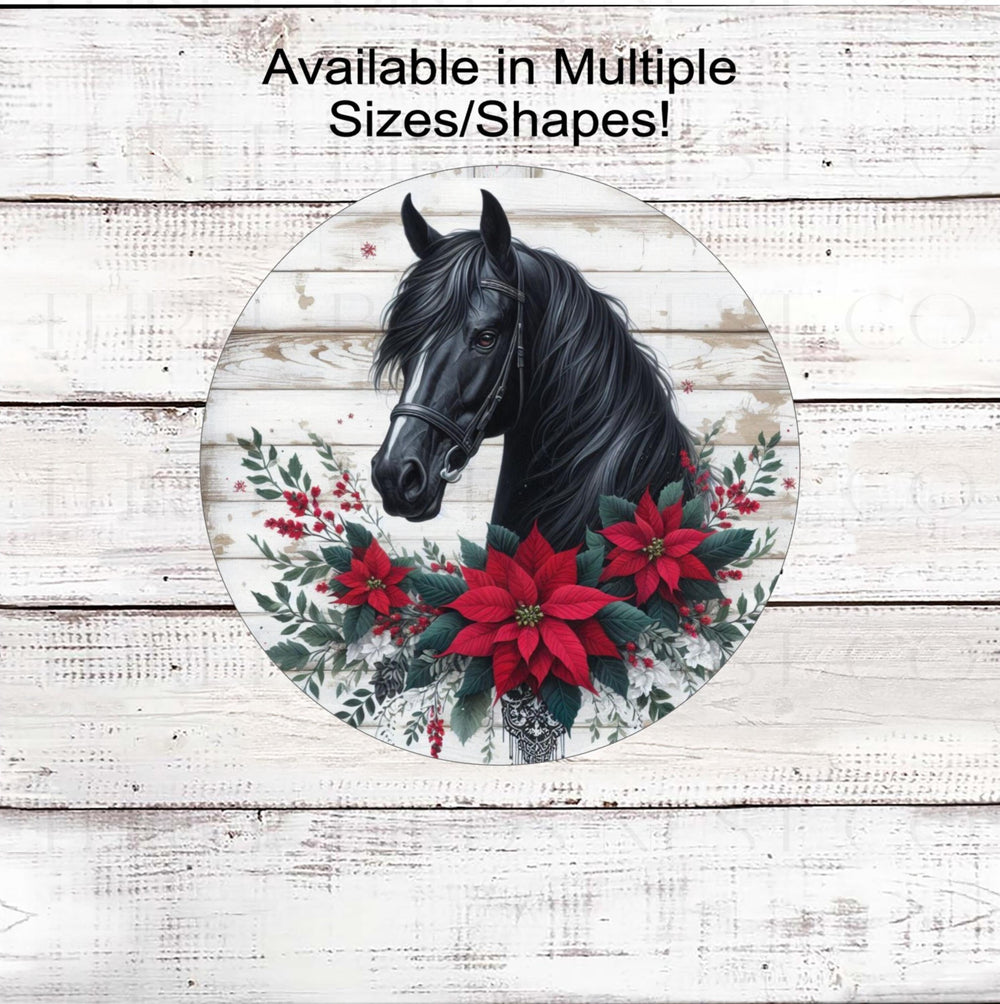 A beautiful horse surrounded by red poinsettias on a rustic wood background.