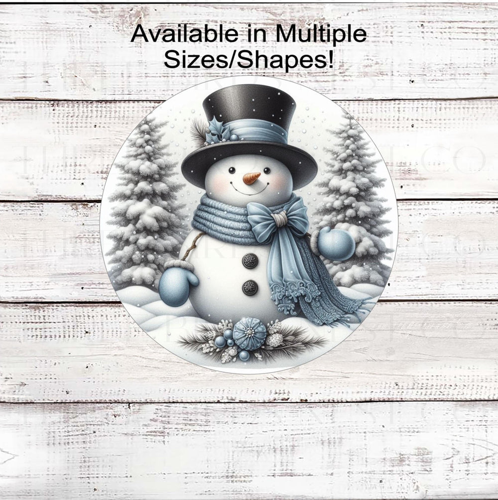 An adorable Snowman wearing a scarf with a beautiful bow in a snowy woodland setting.