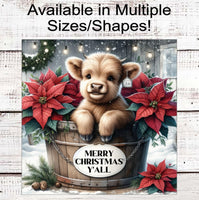 
              Merry Christmas Yall Wreath Sign - Baby Highland Cow Lover - Farmhouse Wreath Sign - Poinsettias - Floral Sign
            