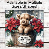 Merry Christmas Yall Wreath Sign - Baby Highland Cow Lover - Farmhouse Wreath Sign - Poinsettias - Floral Sign