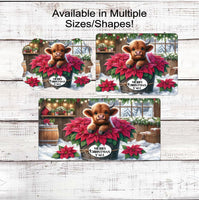 
              Merry Christmas Yall Wreath Sign - Baby Highland Calf Lover - Farmhouse Wreath Sign - Poinsettias - Floral Sign
            