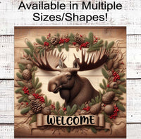 
              Christmas Wreath Signs - Woodland Moose - Winter Welcome Sign - Rustic Cabin Decor
            