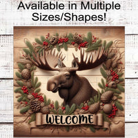 Christmas Wreath Signs - Woodland Moose - Winter Welcome Sign - Rustic Cabin Decor