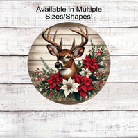 
              A beautiful Whitetail Buck Deer accented with red and white Poinsettia flowers on a rustic wood look background.
            