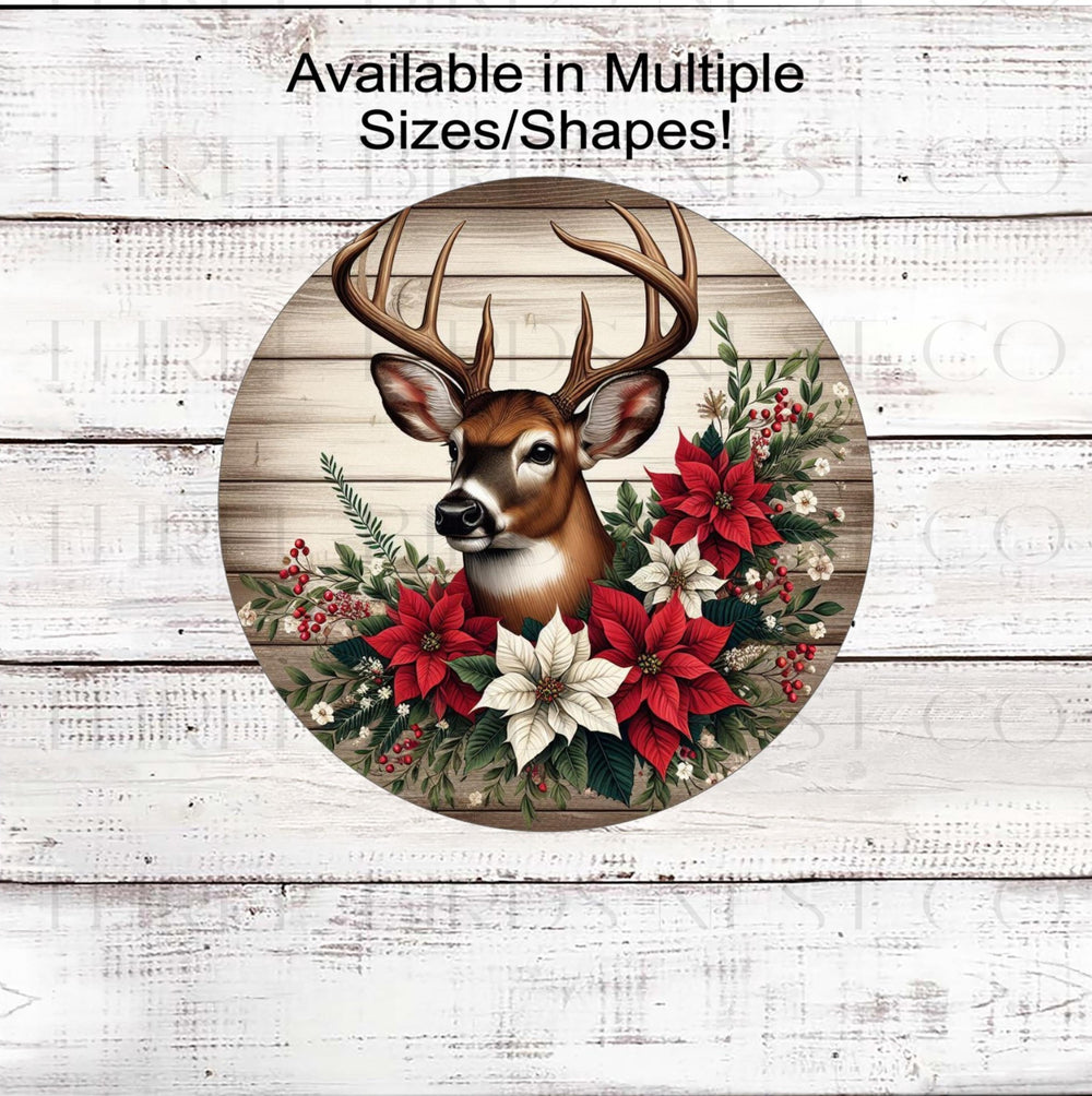 A beautiful Whitetail Buck Deer accented with red and white Poinsettia flowers on a rustic wood look background.