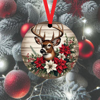 
              A Whitetail Buck Deer accented with red and white Poinsettia flowers on a wood look background.
            