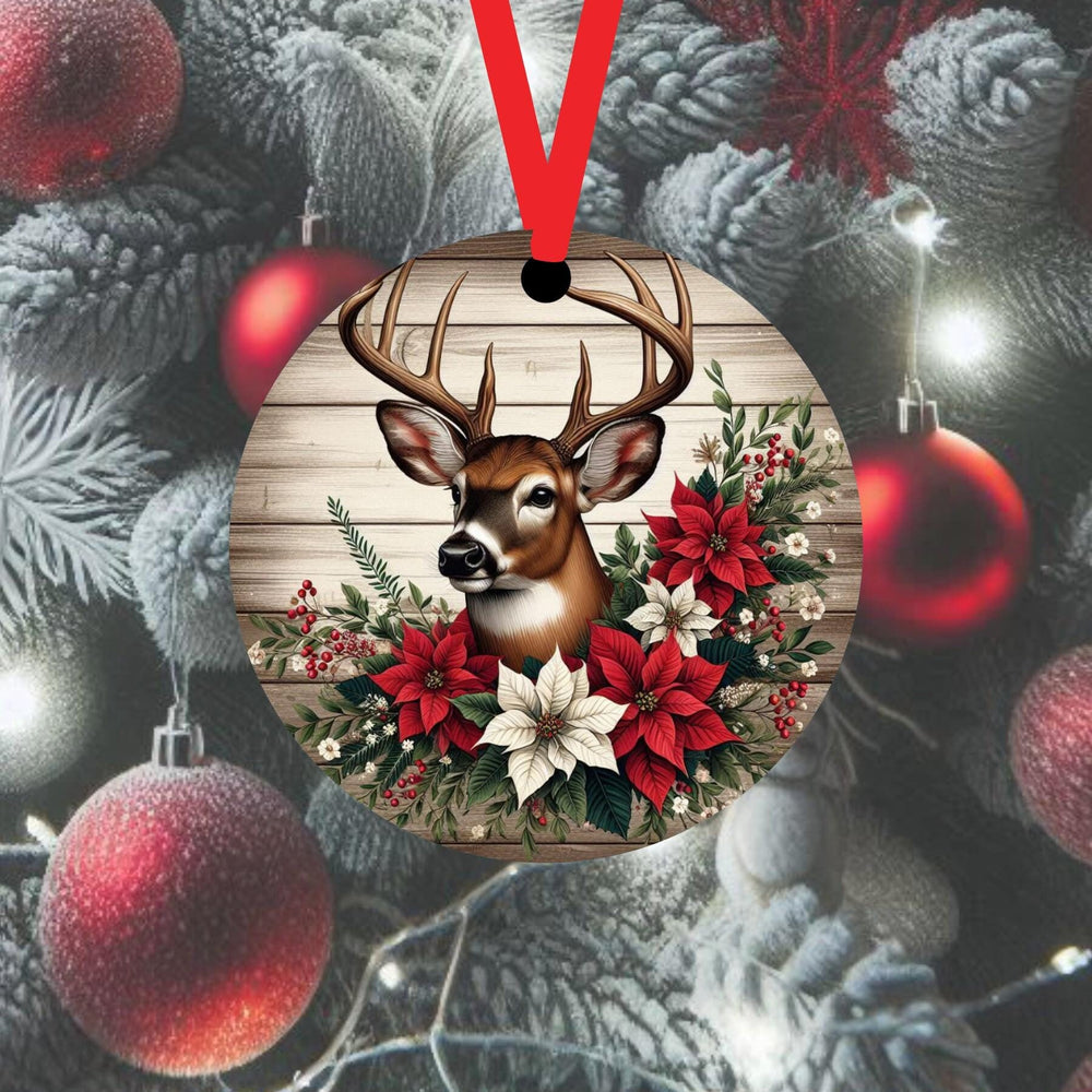 A Whitetail Buck Deer accented with red and white Poinsettia flowers on a wood look background.