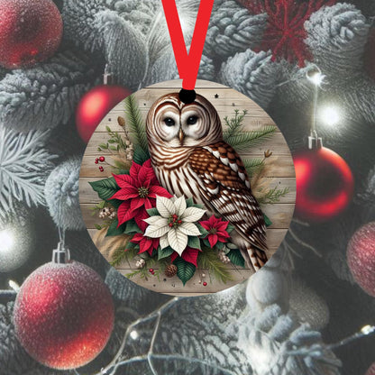 A beautiful Barred Owl accented with red and white Poinsettia flowers