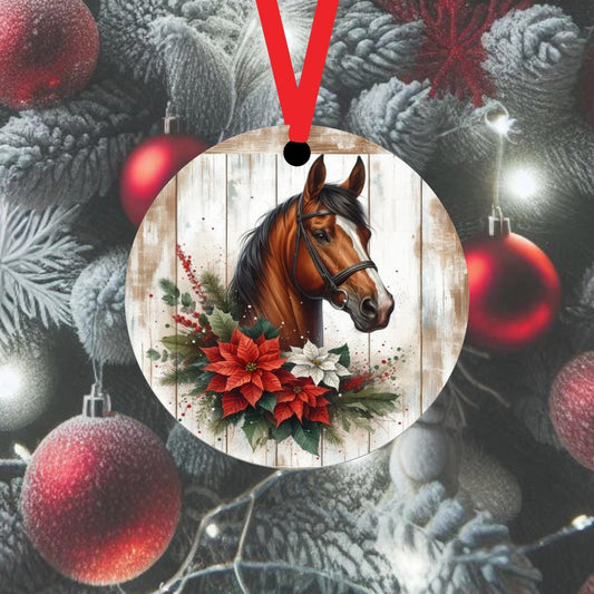 An adorable Horse accented with red and white Poinsettia flowers