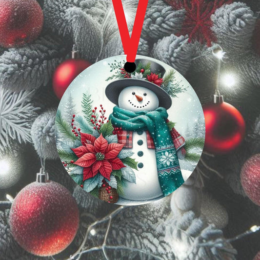 An adorable teal Snowman with beautiful red poinsettias.