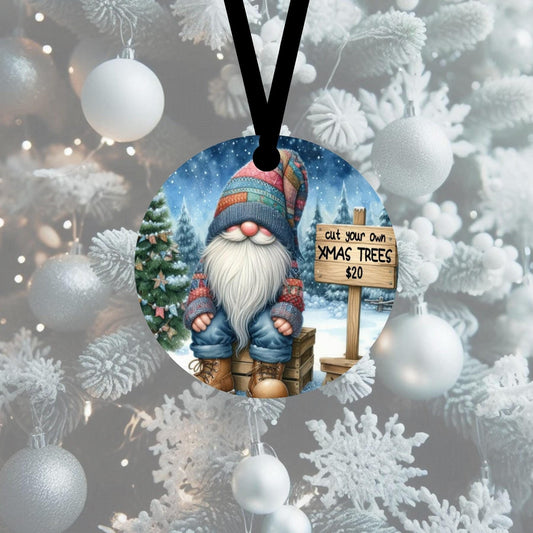 An adorable ornament with a Gnome selling Christmas trees.