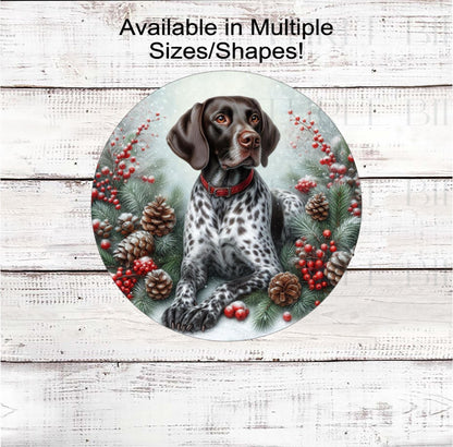 A German Shorthaired Pointer dog with in festive Winter setting