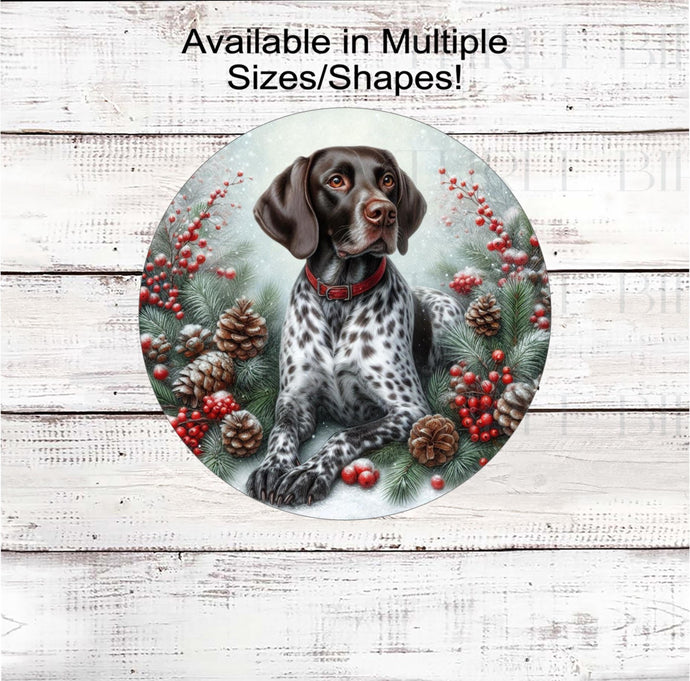 A German Shorthaired Pointer dog with in festive Winter setting