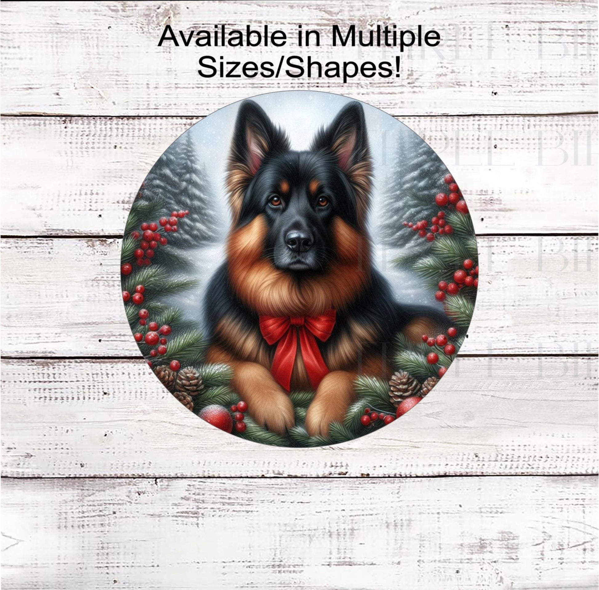 A black and red German Shepherd dog in festive Winter setting with a red bow