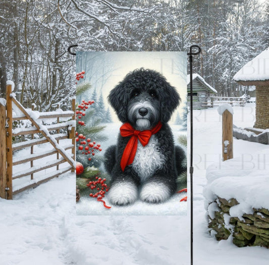 A beautiful black and white Poodle/ Doodle in a Winter setting wearing a red bow.