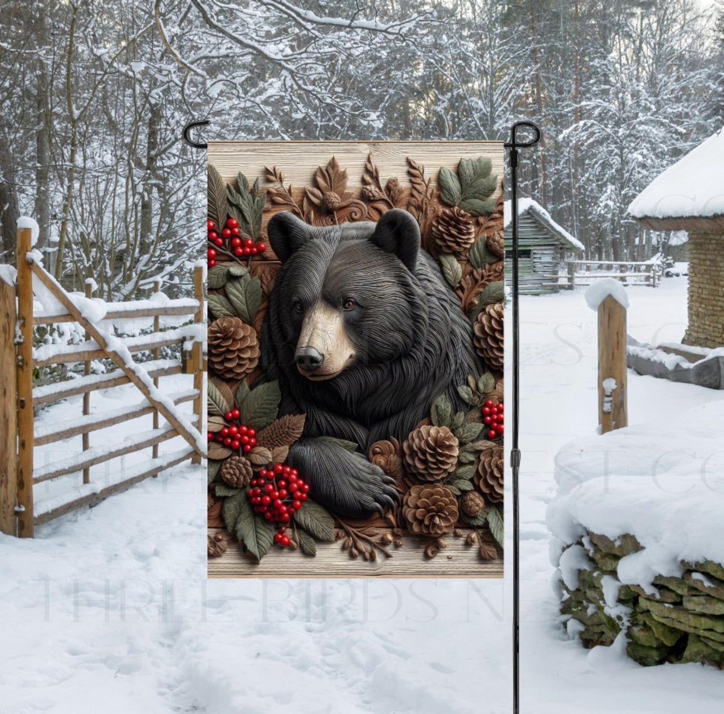 A beautiful Welcome Garden Flag with a black Bear in a Winter woodland setting.