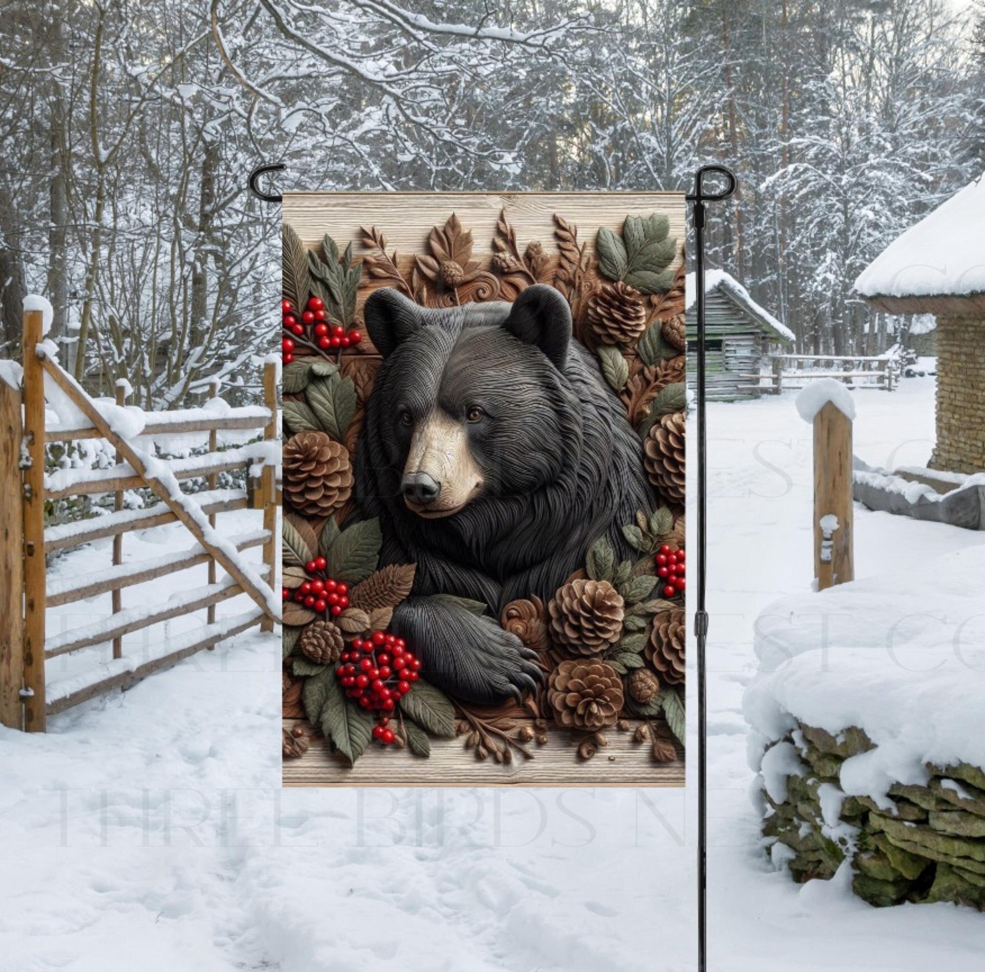 A beautiful Welcome Garden Flag with a black Bear in a Winter woodland setting.
