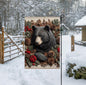 A beautiful Welcome Garden Flag with a black Bear in a Winter woodland setting.