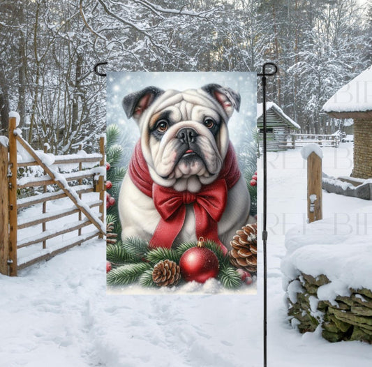 A beautiful grey, tan and white English Bulldog in a Winter setting wearing a red bow.