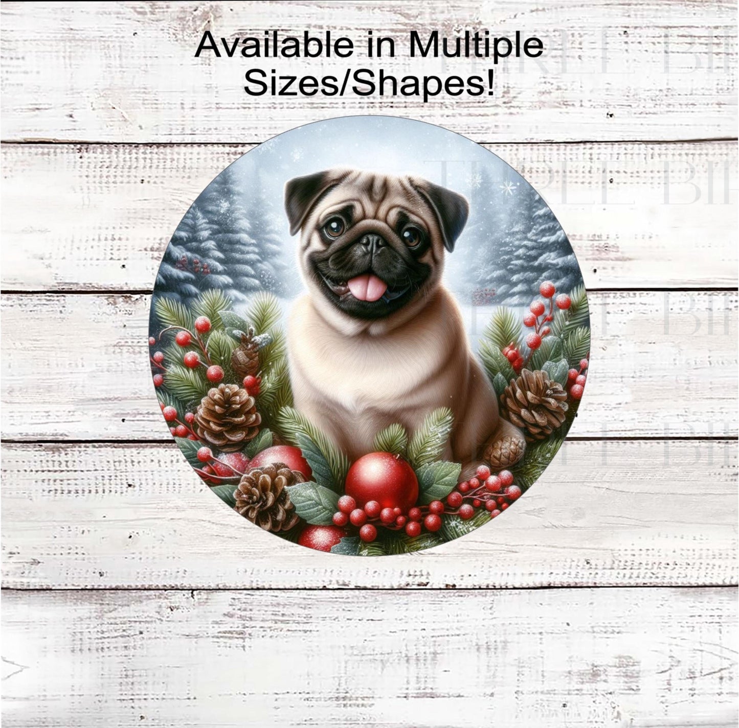 A Pug dog in festive Winter setting