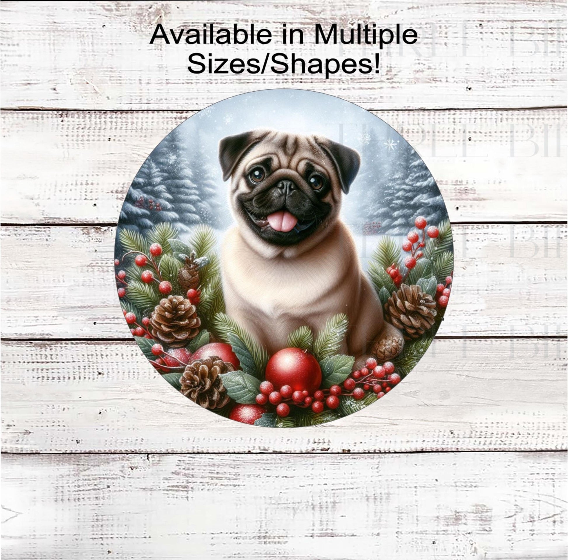 A Pug dog in festive Winter setting