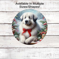 A beautiful Great Pyrenees dog wearing a red bow in a Winter setting