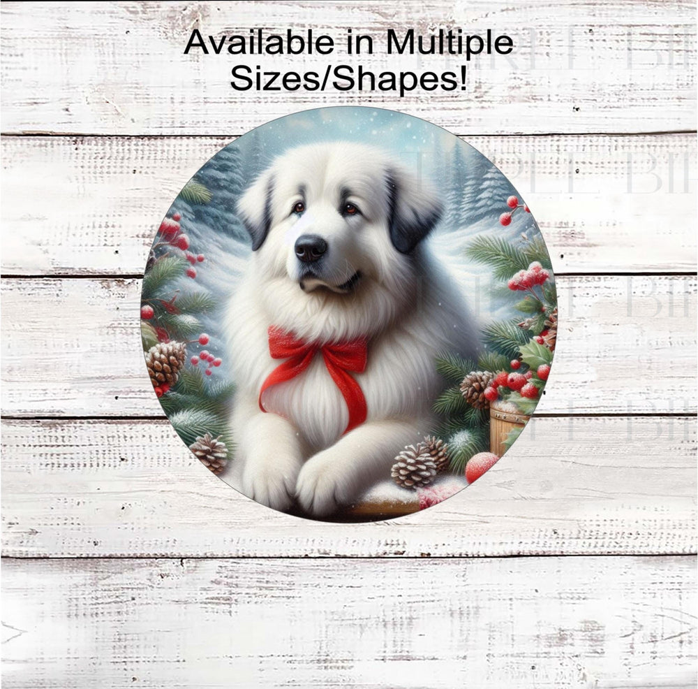 A beautiful Great Pyrenees dog wearing a red bow in a Winter setting