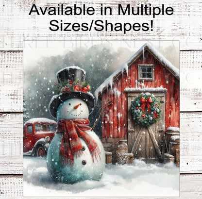 Snowman Wreath Sign - Farm Barn Decor - Rustic Christmas - Old Red Truck
