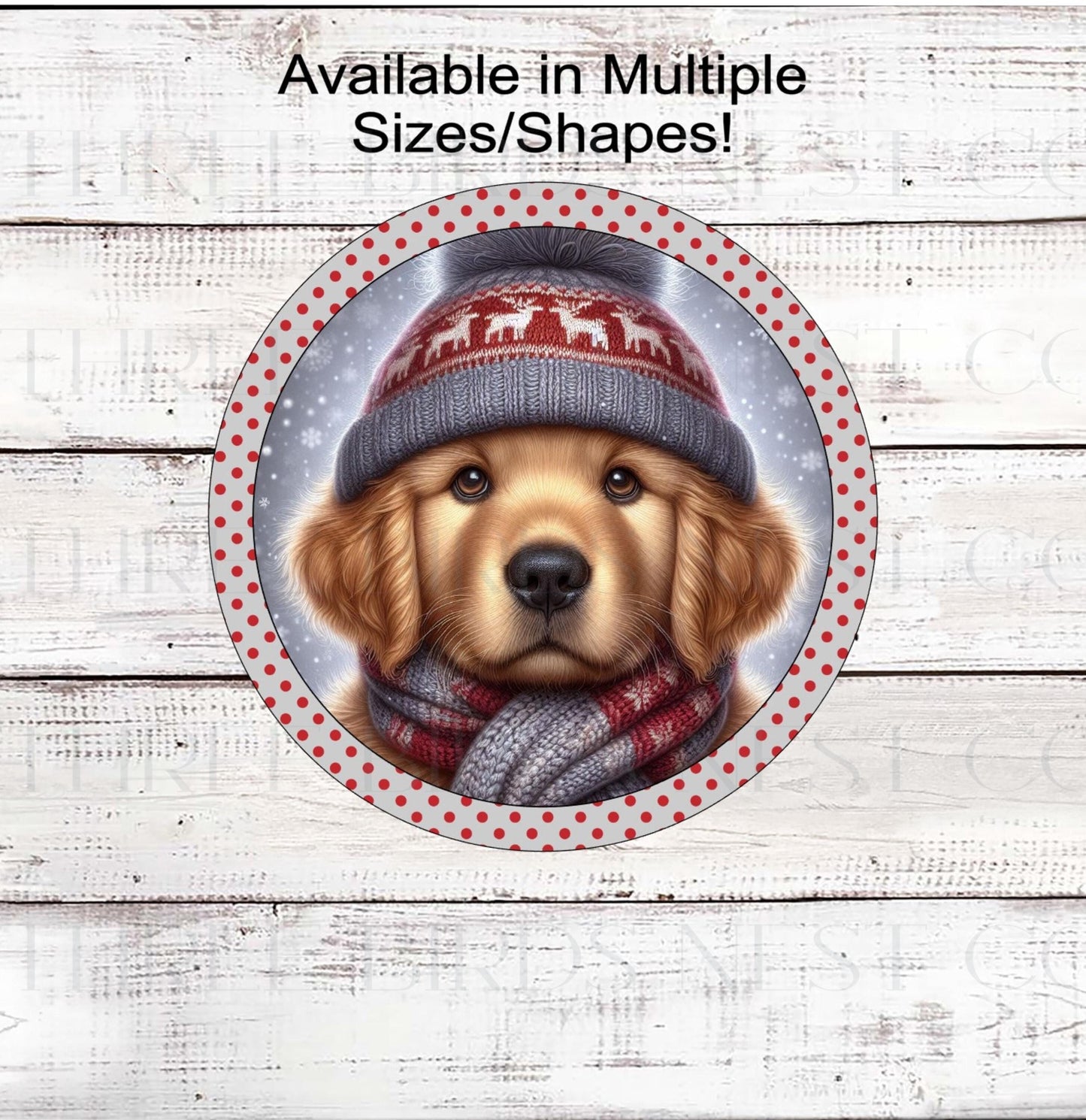 An adorable Golden Retriever puppy in a hat and scarf in a Winter setting