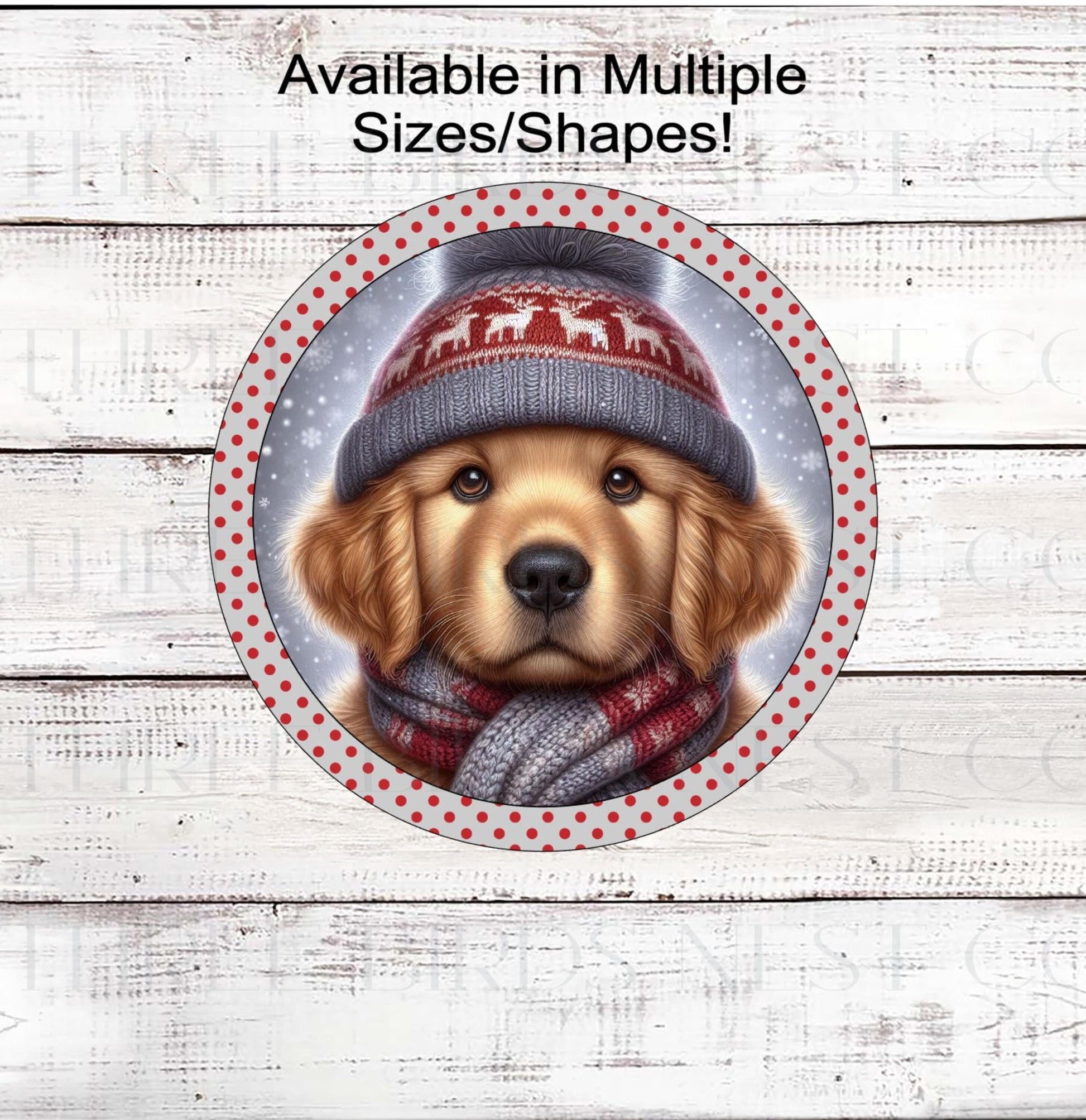 An adorable Golden Retriever puppy in a hat and scarf in a Winter setting