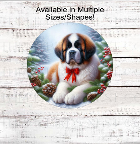 A beautiful Saint Bernard wearing a red bow in a Winter setting.