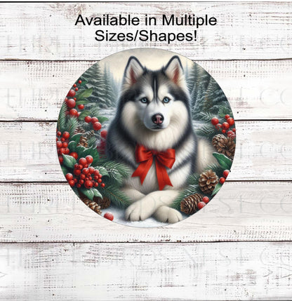 A beautiful black Siberian Husky dog wearing a red bow in a Winter setting.