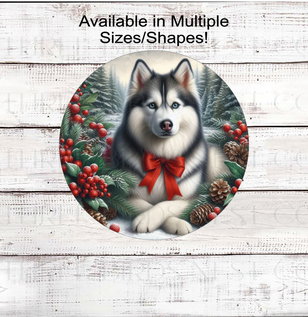 A beautiful black Siberian Husky dog wearing a red bow in a Winter setting.