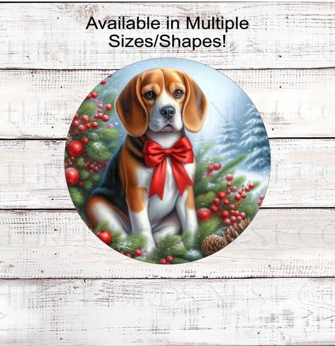 A beautiful Beagle dog wearing a red bow in a Winter setting.