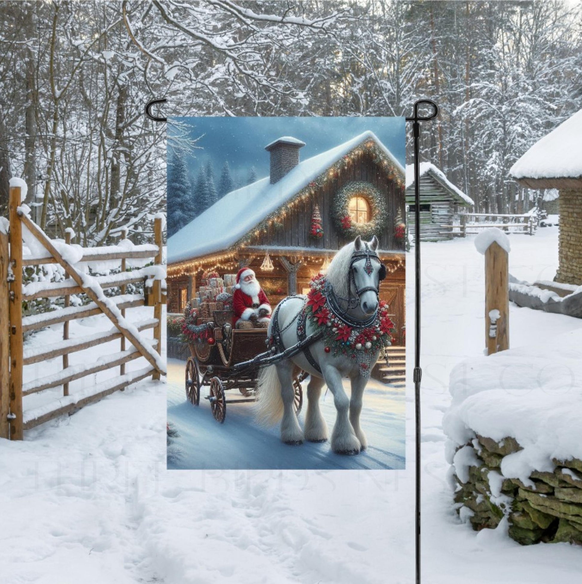 Santa Claus in a carriage pulled by a beautiful Gypsy Vanner Horse in from of a home decorated for Christmas.