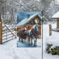 Santa Claus in a carriage pulled by a beautiful Gypsy Vanner Horse in from of a home decorated for Christmas.