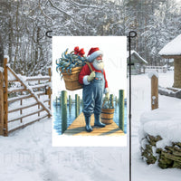 A beautiful Christmas Garden Flag featuring Santa Claus as a Waterman and his bounty of Blue Crabs.