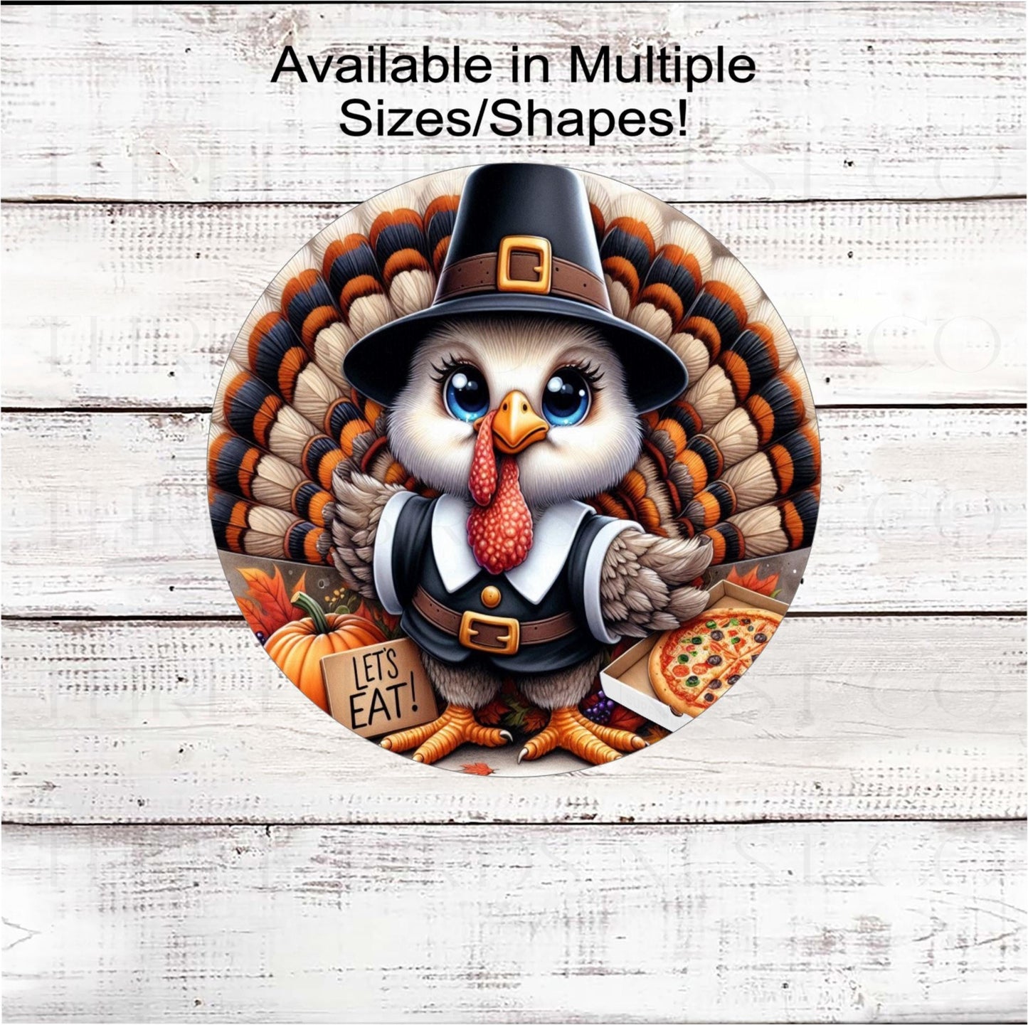 An adorable Pilgrim Turkey ready to celebrate Thanksgiving with a pizza